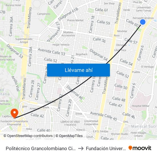 Politécnico Grancolombiano City Campus  - Calle 61 - Carrera 9 to Fundación Universitaria Empresarial map