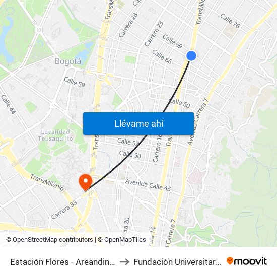 Estación Flores - Areandina (Kr 13 - Dg 68) to Fundación Universitaria Empresarial map