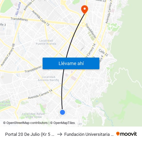 Portal 20 De Julio (Kr 5 - Cl 30a Sur) to Fundación Universitaria Empresarial map