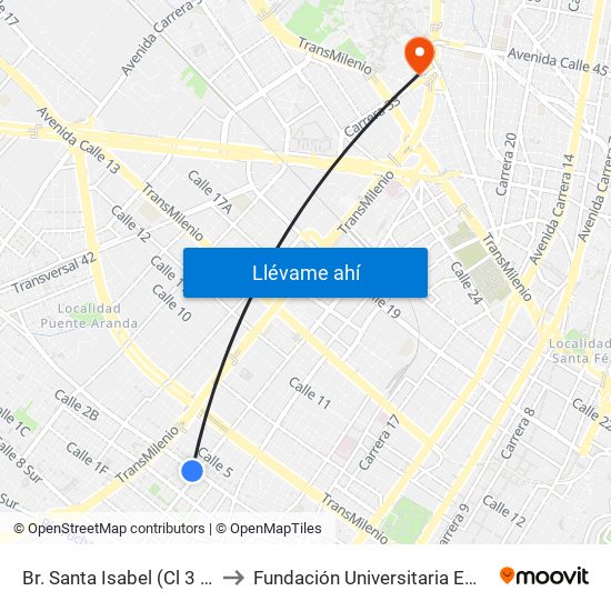 Br. Santa Isabel (Cl 3 - Ak 27) to Fundación Universitaria Empresarial map