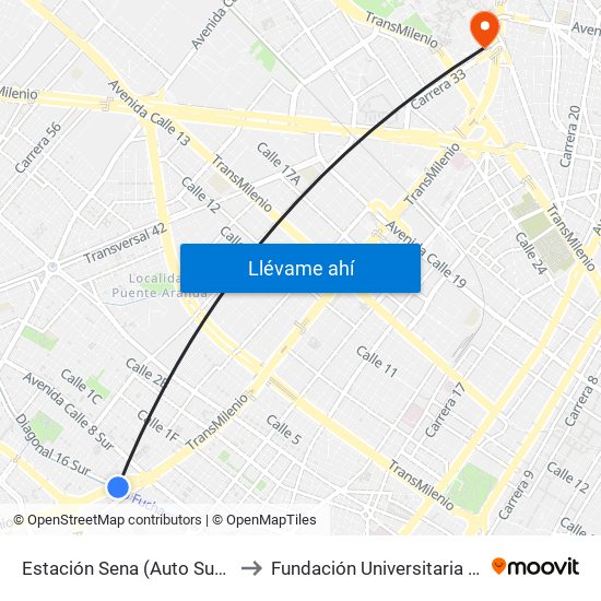 Estación Sena (Auto Sur - Cl 12 Sur) to Fundación Universitaria Empresarial map