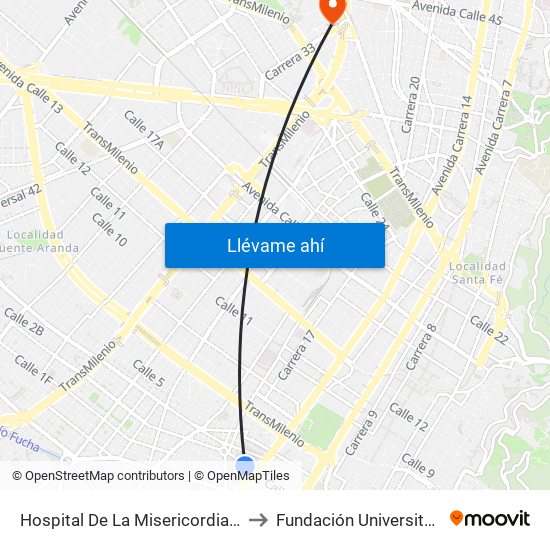 Hospital De La Misericordia (Dg 2 - Av. Caracas) to Fundación Universitaria Empresarial map