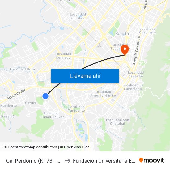 Cai Perdomo (Kr 73 - Cl 64 Sur) to Fundación Universitaria Empresarial map