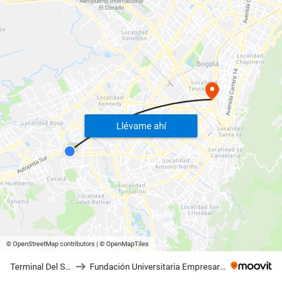 Terminal Del Sur to Fundación Universitaria Empresarial map