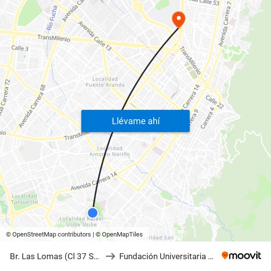 Br. Las Lomas (Cl 37 Sur - Kr 12a) to Fundación Universitaria Empresarial map