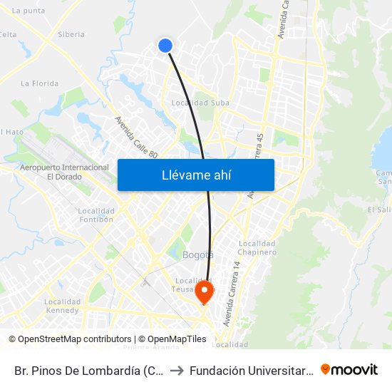 Br. Pinos De Lombardía (Cl 152b - Kr 114a) to Fundación Universitaria Empresarial map