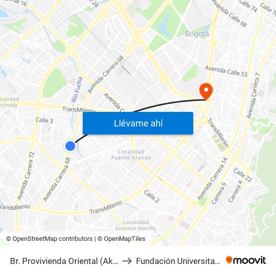 Br. Provivienda Oriental (Ak 68 - Cl 11 Sur) (A) to Fundación Universitaria Empresarial map