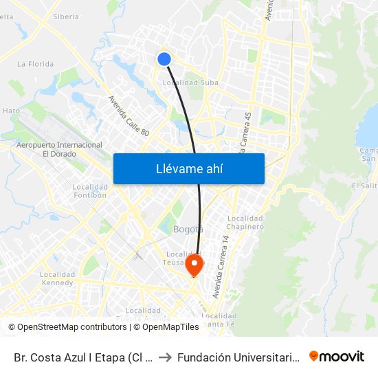Br. Costa Azul I Etapa (Cl 139 - Kr 102a) to Fundación Universitaria Empresarial map