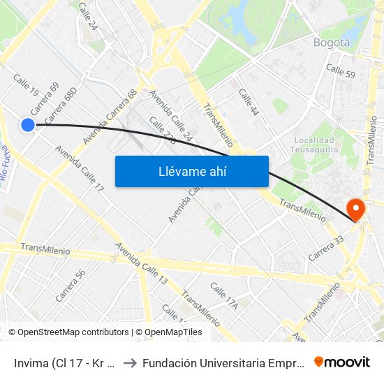 Invima (Cl 17 - Kr 68d) to Fundación Universitaria Empresarial map