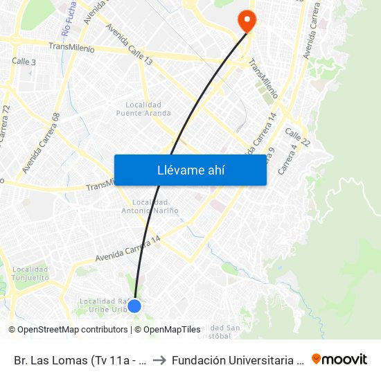 Br. Las Lomas (Tv 11a - Dg 38g Sur) to Fundación Universitaria Empresarial map