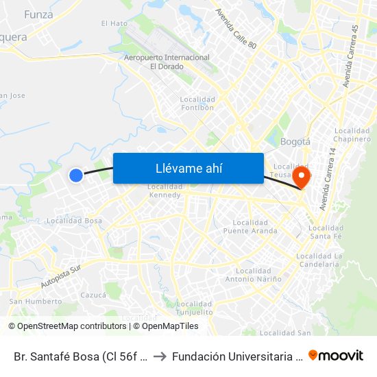 Br. Santafé Bosa (Cl 56f Sur - Kr 98c) to Fundación Universitaria Empresarial map