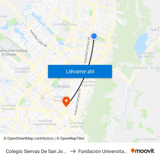 Colegio Siervas De San José (Ak 19 - Cl 131) to Fundación Universitaria Empresarial map