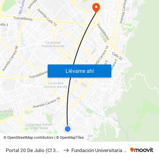 Portal 20 De Julio (Cl 32 Sur - Kr 3f) to Fundación Universitaria Empresarial map