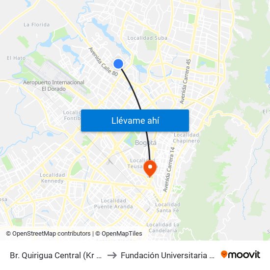 Br. Quirigua Central (Kr 94h - Cl 84) to Fundación Universitaria Empresarial map