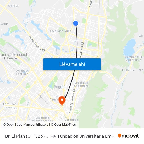 Br. El Plan (Cl 152b - Kr 58) to Fundación Universitaria Empresarial map