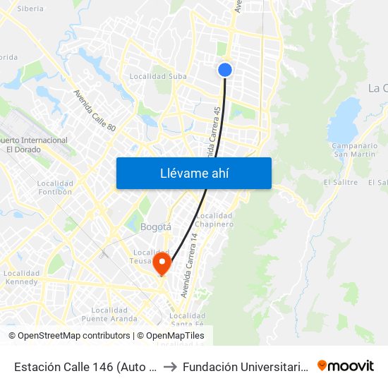 Estación Calle 146 (Auto Norte - Cl 150) to Fundación Universitaria Empresarial map