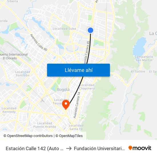 Estación Calle 142 (Auto Norte - Cl 144) to Fundación Universitaria Empresarial map