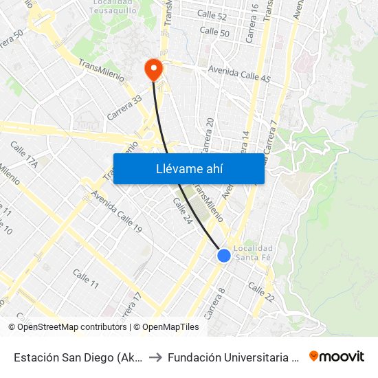 Estación San Diego (Ak 10 - Cl 23) to Fundación Universitaria Empresarial map