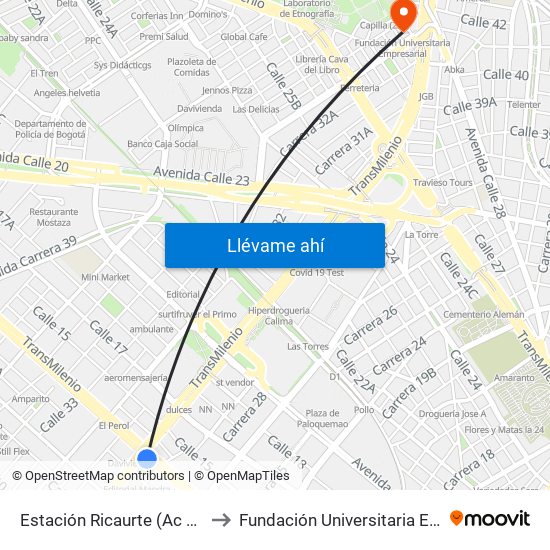 Estación Ricaurte (Ac 13 - Kr 29) to Fundación Universitaria Empresarial map
