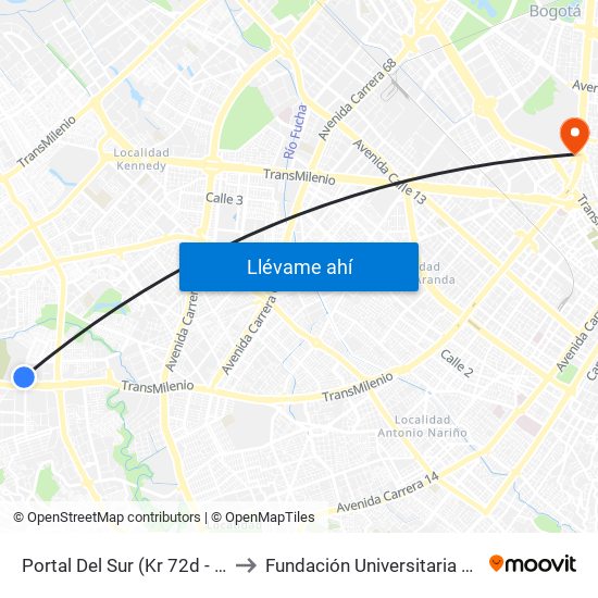 Portal Del Sur (Kr 72d - Cl 57k Sur) to Fundación Universitaria Empresarial map
