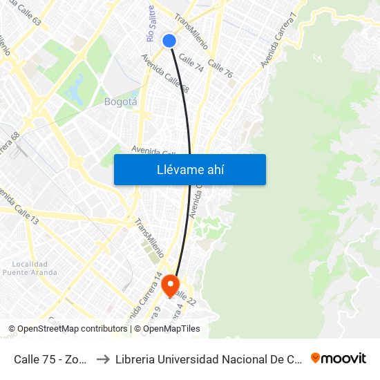 Calle 75 - Zona M to Libreria Universidad Nacional De Colombia map