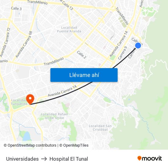Universidades to Hospital El Tunal map