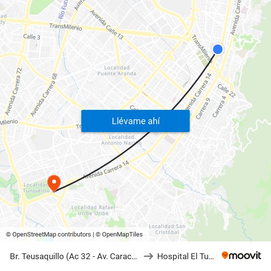 Br. Teusaquillo (Ac 32 - Av. Caracas) to Hospital El Tunal map