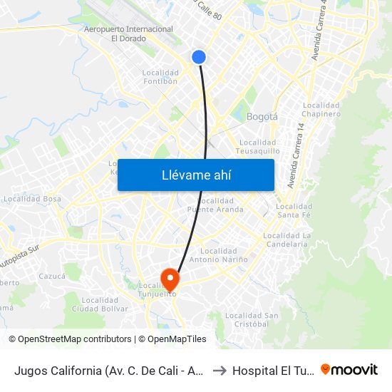 Jugos California (Av. C. De Cali - Ac 63) to Hospital El Tunal map
