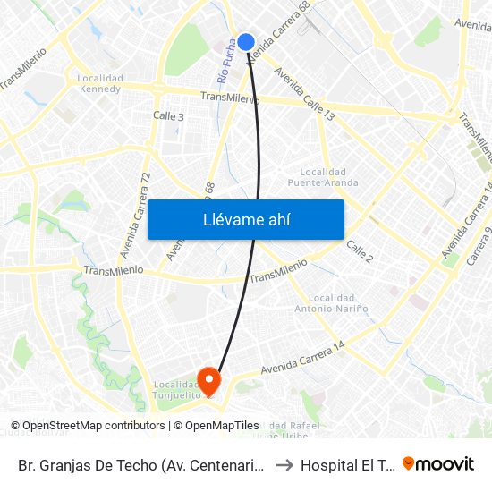 Br. Granjas De Techo (Av. Centenario - Kr 65) to Hospital El Tunal map