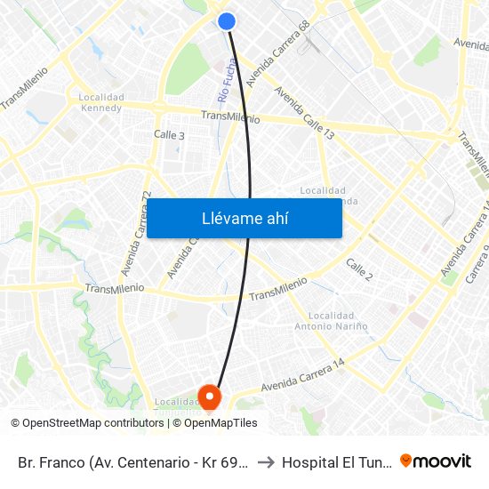 Br. Franco (Av. Centenario - Kr 69b) to Hospital El Tunal map