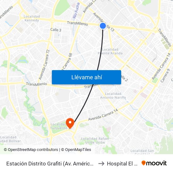 Estación Distrito Grafiti (Av. Américas - Kr 53a) to Hospital El Tunal map