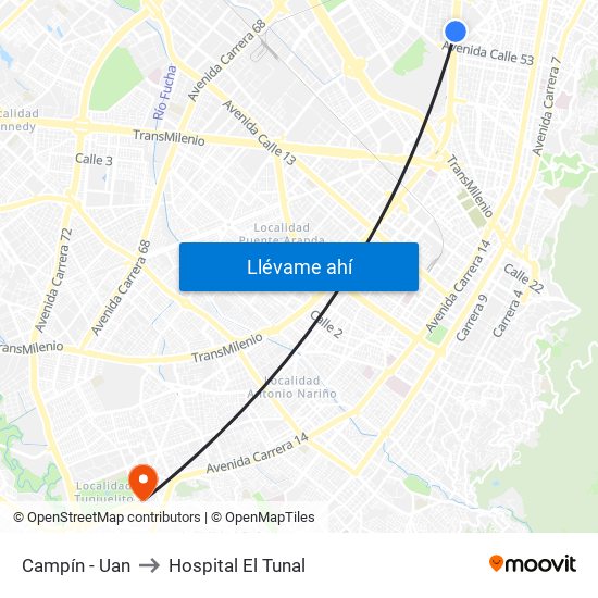 Campín - Uan to Hospital El Tunal map