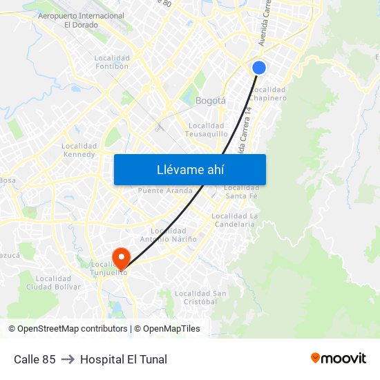 Calle 85 to Hospital El Tunal map