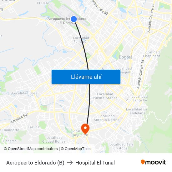 Aeropuerto Eldorado (B) to Hospital El Tunal map