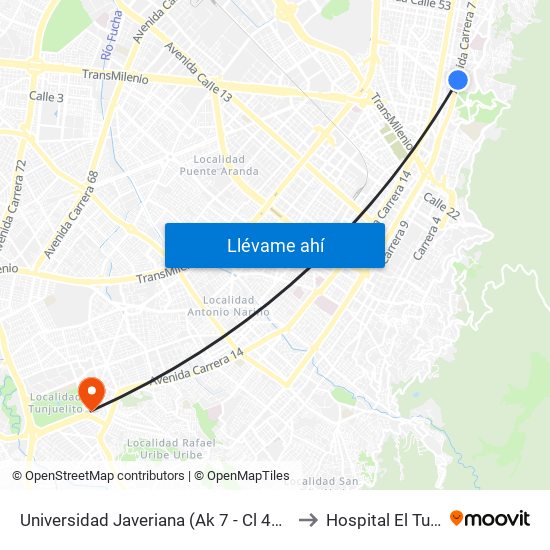 Universidad Javeriana (Ak 7 - Cl 40) (B) to Hospital El Tunal map