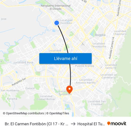 Br. El Carmen Fontibón (Cl 17 - Kr 100) to Hospital El Tunal map