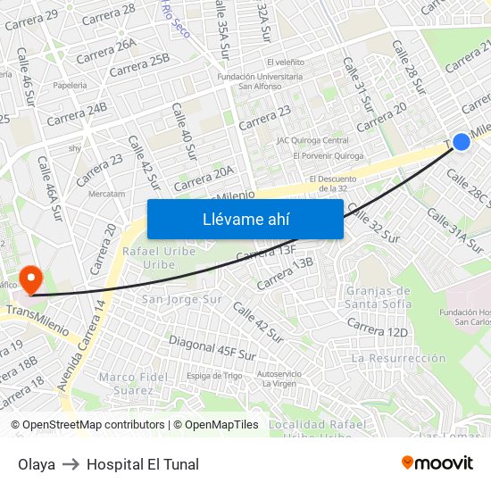 Olaya to Hospital El Tunal map