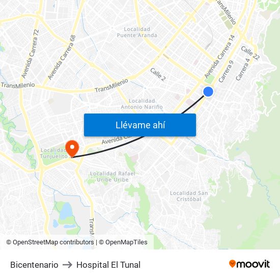 Bicentenario to Hospital El Tunal map