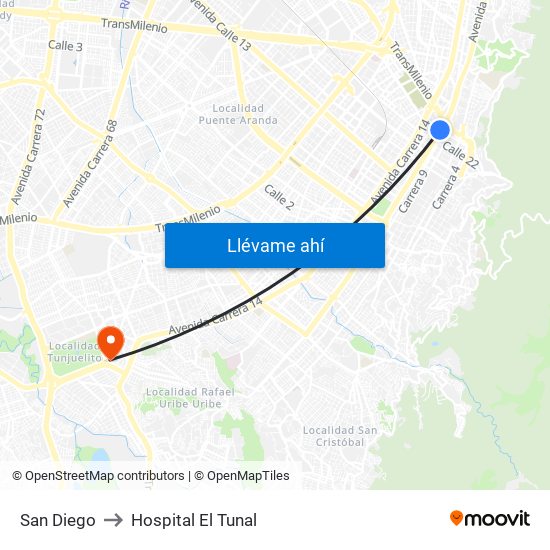 San Diego to Hospital El Tunal map