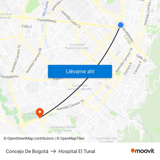 Concejo De Bogotá to Hospital El Tunal map