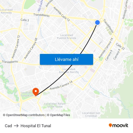 Cad to Hospital El Tunal map