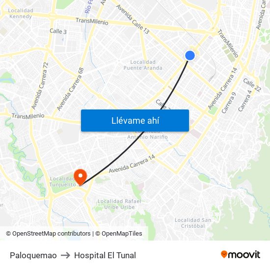 Paloquemao to Hospital El Tunal map