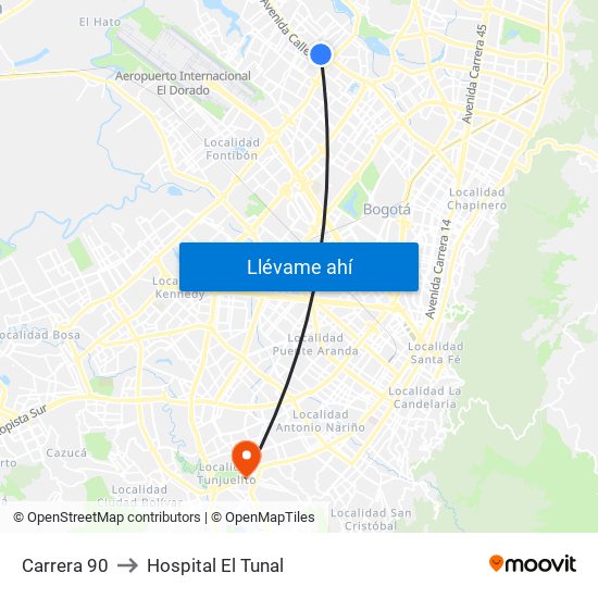 Carrera 90 to Hospital El Tunal map