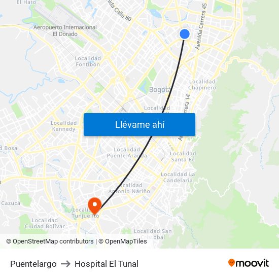 Puentelargo to Hospital El Tunal map