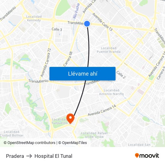 Pradera to Hospital El Tunal map