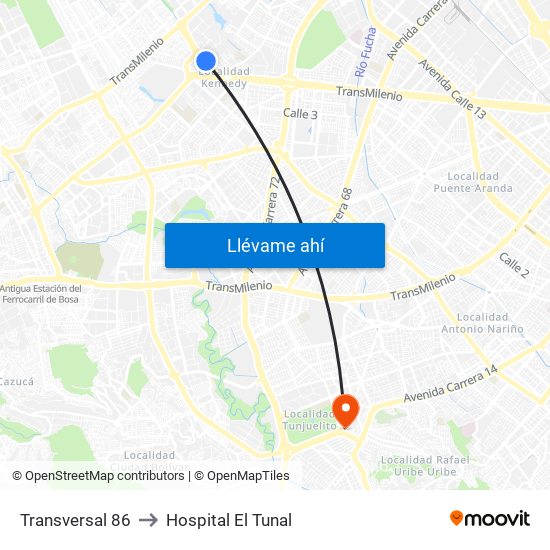 Transversal 86 to Hospital El Tunal map