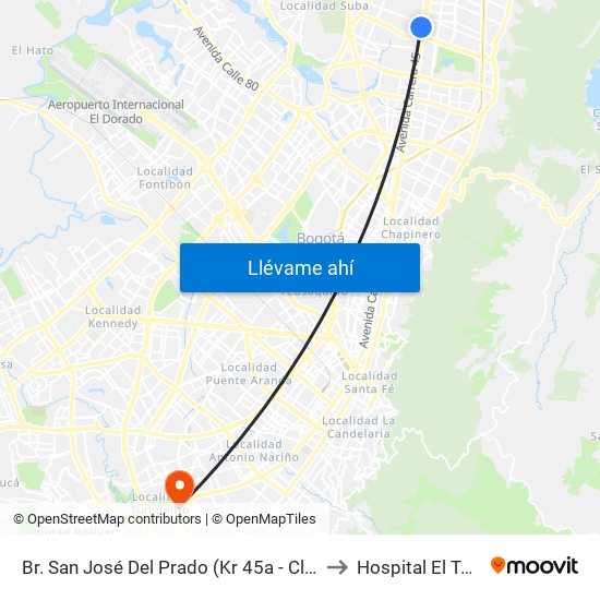Br. San José Del Prado (Kr 45a - Cl 137) to Hospital El Tunal map