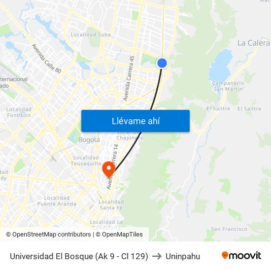 Universidad El Bosque (Ak 9 - Cl 129) to Uninpahu map