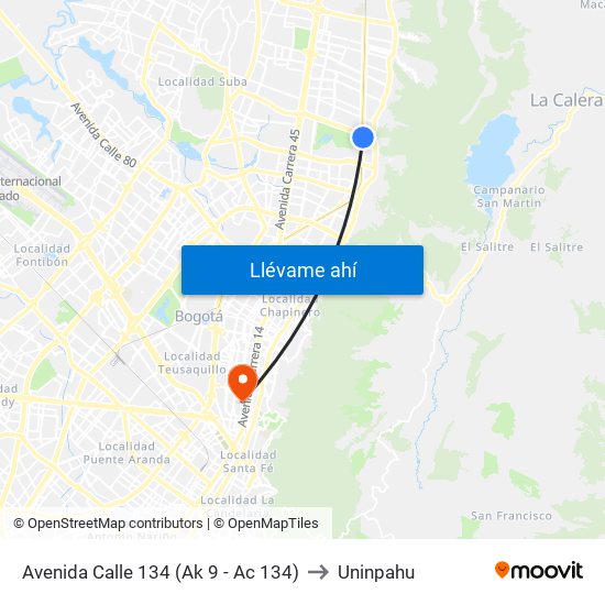 Avenida Calle 134 (Ak 9 - Ac 134) to Uninpahu map