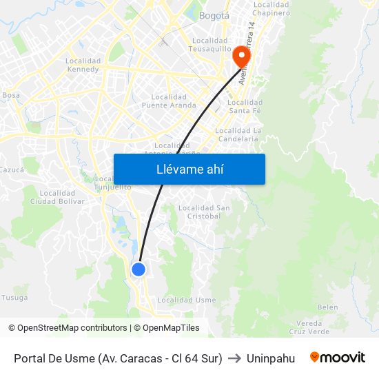 Portal De Usme (Av. Caracas - Cl 64 Sur) to Uninpahu map